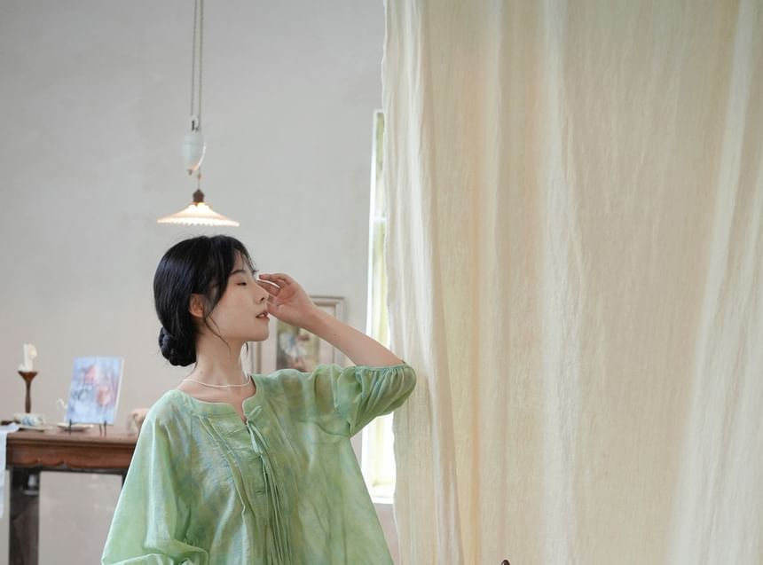 3/4 Sleeve Notch Neck Gradient Tie Front Blouse / High Waist Maxi A-Line Skirt / Set