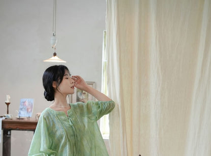 3/4 Sleeve Notch Neck Gradient Tie Front Blouse / High Waist Maxi A-Line Skirt / Set