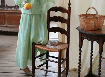 3/4 Sleeve Notch Neck Gradient Tie Front Blouse / High Waist Maxi A-Line Skirt / Set