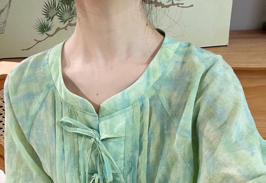 3/4 Sleeve Notch Neck Gradient Tie Front Blouse / High Waist Maxi A-Line Skirt / Set