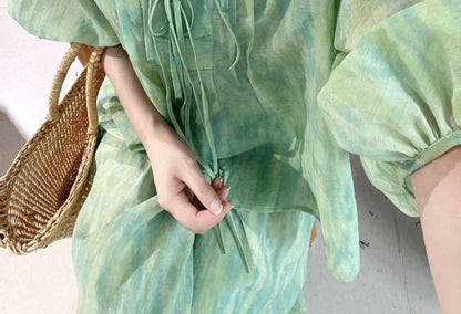 3/4 Sleeve Notch Neck Gradient Tie Front Blouse / High Waist Maxi A-Line Skirt / Set