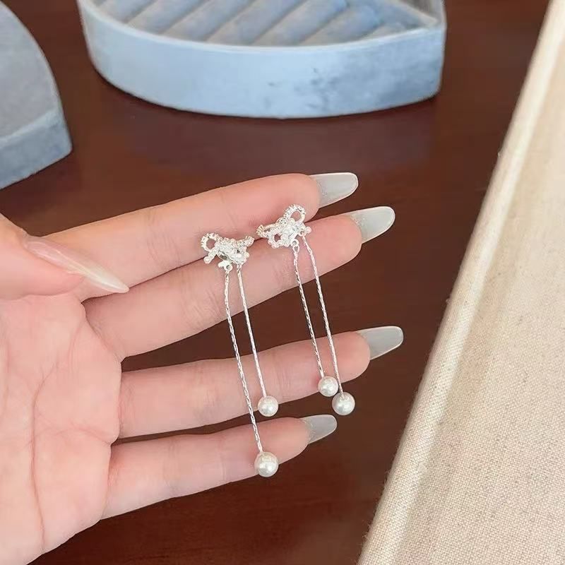 Faux Bowknot Pearl Earring Rhinestone Dangle