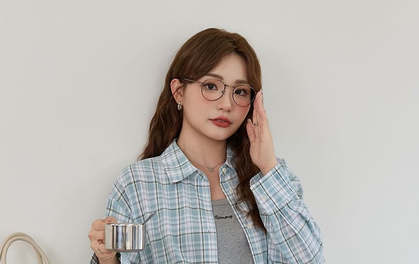 Long-Sleeve Plaid Button-Up Shirt / Scoop Neck Lettering Embroidered Midi Tank Dress