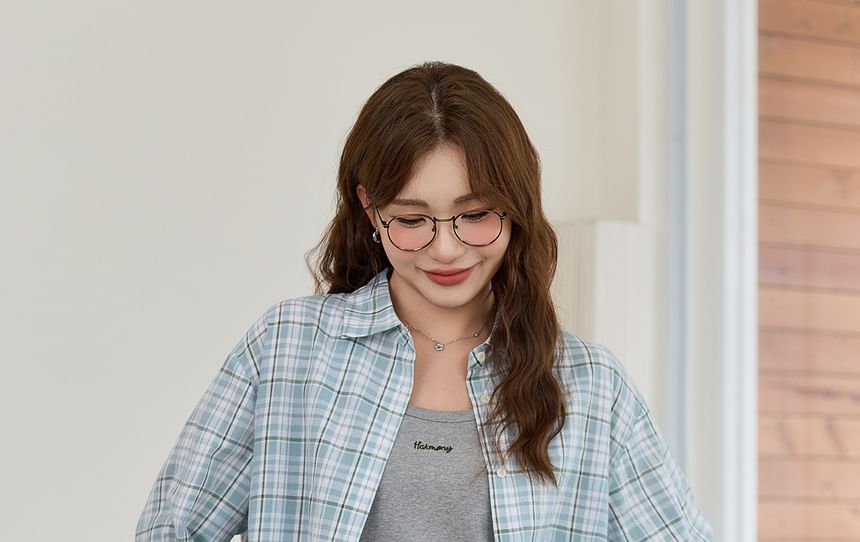 Long-Sleeve Plaid Button-Up Shirt / Scoop Neck Lettering Embroidered Midi Tank Dress