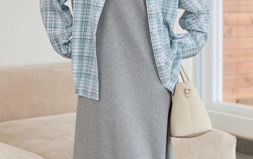 Long-Sleeve Plaid Button-Up Shirt / Scoop Neck Lettering Embroidered Midi Tank Dress