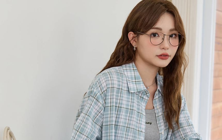 Long-Sleeve Plaid Button-Up Shirt / Scoop Neck Lettering Embroidered Midi Tank Dress