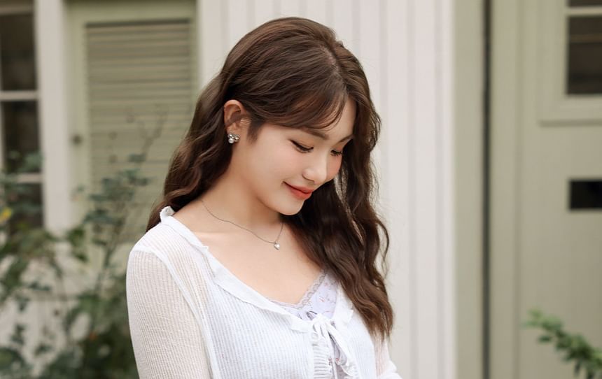 V-Neck Ruffle Trim Tie Front Plain Sheer Crop Cardigan