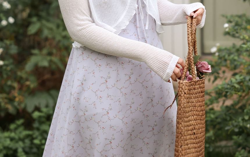 V-Neck Ruffle Trim Tie Front Plain Sheer Crop Cardigan