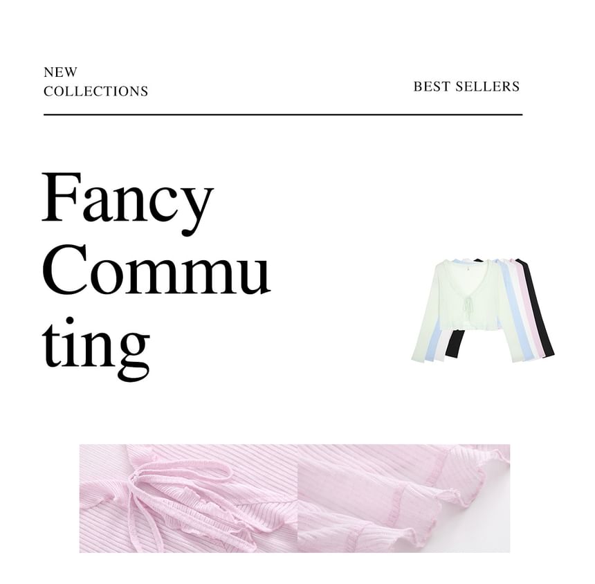 V-Neck Ruffle Trim Tie Front Plain Sheer Crop Cardigan