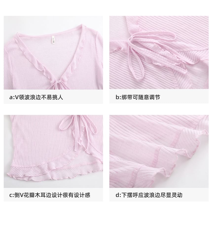 V-Neck Ruffle Trim Tie Front Plain Sheer Crop Cardigan