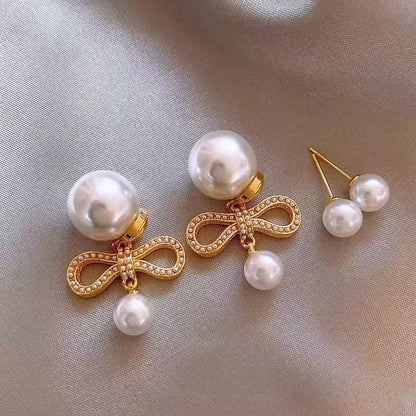 Drop Alloy Earring Pearl Bow Faux