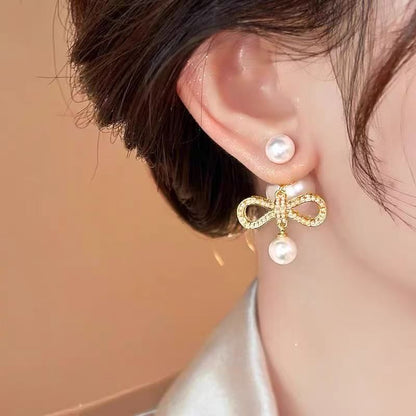 Drop Alloy Earring Pearl Bow Faux