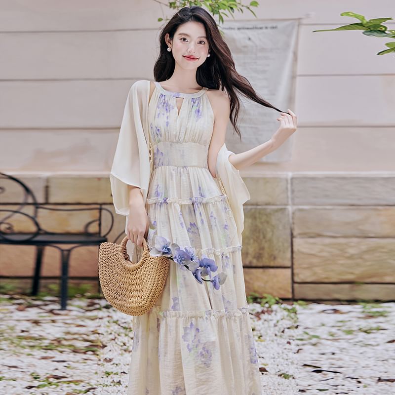 Halter Neck Floral Print Frill Trim Cutout Maxi A-Line Dress / Plain Fringed Light Jacket / Set