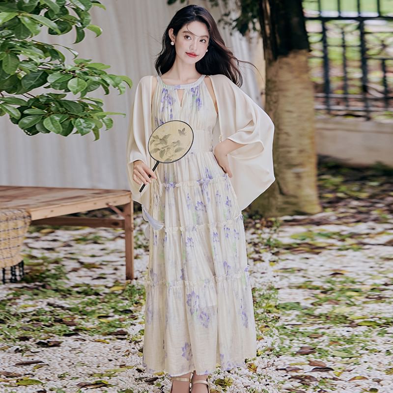 Halter Neck Floral Print Frill Trim Cutout Maxi A-Line Dress / Plain Fringed Light Jacket / Set