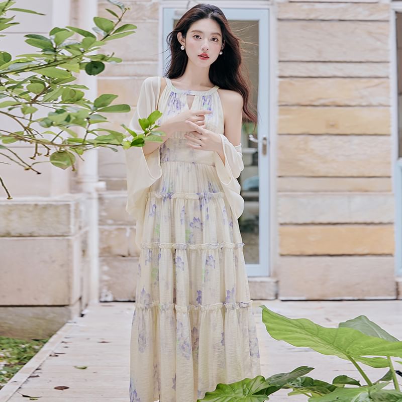 Halter Neck Floral Print Frill Trim Cutout Maxi A-Line Dress / Plain Fringed Light Jacket / Set