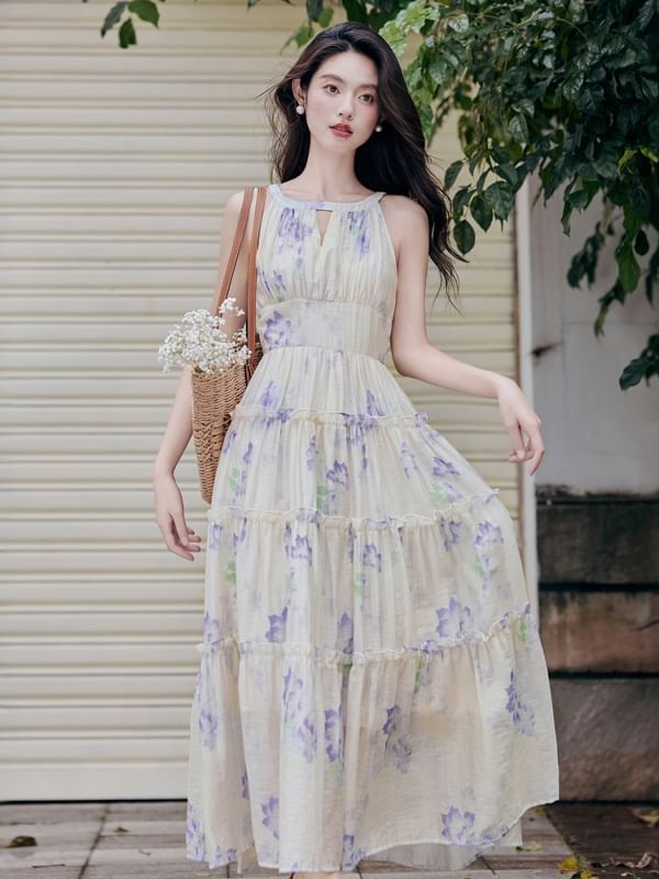 Halter Neck Floral Print Frill Trim Cutout Maxi A-Line Dress / Plain Fringed Light Jacket / Set