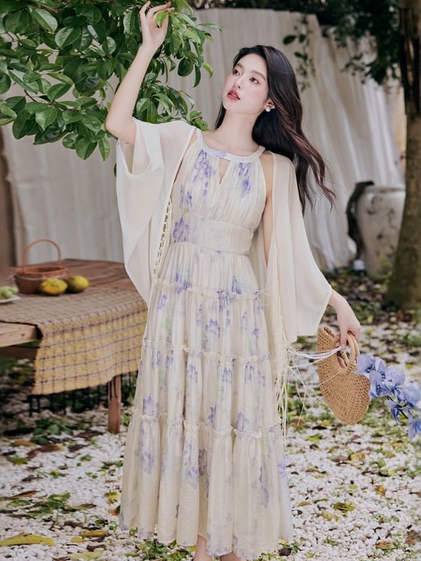 Halter Neck Floral Print Frill Trim Cutout Maxi A-Line Dress / Plain Fringed Light Jacket / Set