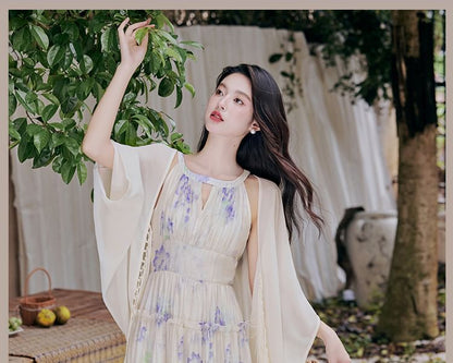 Halter Neck Floral Print Frill Trim Cutout Maxi A-Line Dress / Plain Fringed Light Jacket / Set