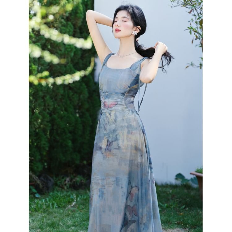 Spaghetti Strap Scoop Neck Tie Dye Ruched Mesh Maxi A-Line Dress / Plain Tie Front Crop Cardigan / Set