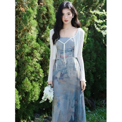 Spaghetti Strap Scoop Neck Tie Dye Ruched Mesh Maxi A-Line Dress / Plain Tie Front Crop Cardigan / Set