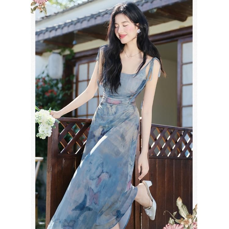 Spaghetti Strap Scoop Neck Tie Dye Ruched Mesh Maxi A-Line Dress / Plain Tie Front Crop Cardigan / Set