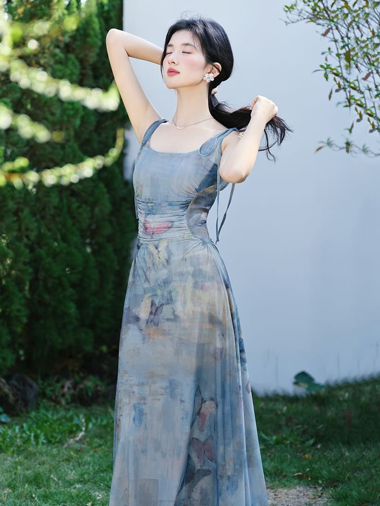 Spaghetti Strap Scoop Neck Tie Dye Ruched Mesh Maxi A-Line Dress / Plain Tie Front Crop Cardigan / Set