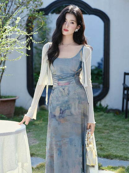 Spaghetti Strap Scoop Neck Tie Dye Ruched Mesh Maxi A-Line Dress / Plain Tie Front Crop Cardigan / Set