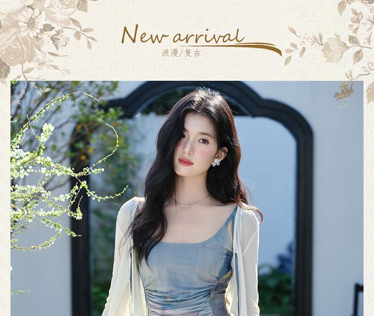 Spaghetti Strap Scoop Neck Tie Dye Ruched Mesh Maxi A-Line Dress / Plain Tie Front Crop Cardigan / Set