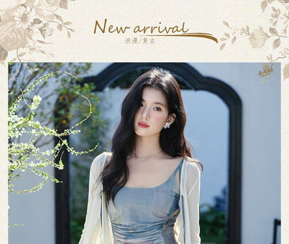 Spaghetti Strap Scoop Neck Tie Dye Ruched Mesh Maxi A-Line Dress / Plain Tie Front Crop Cardigan / Set