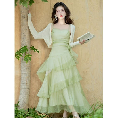 Spaghetti Strap Plain Asymmetrical Floral Accent Tiered Ruffle Maxi A-Line Dress / Crop Cardigan / Set