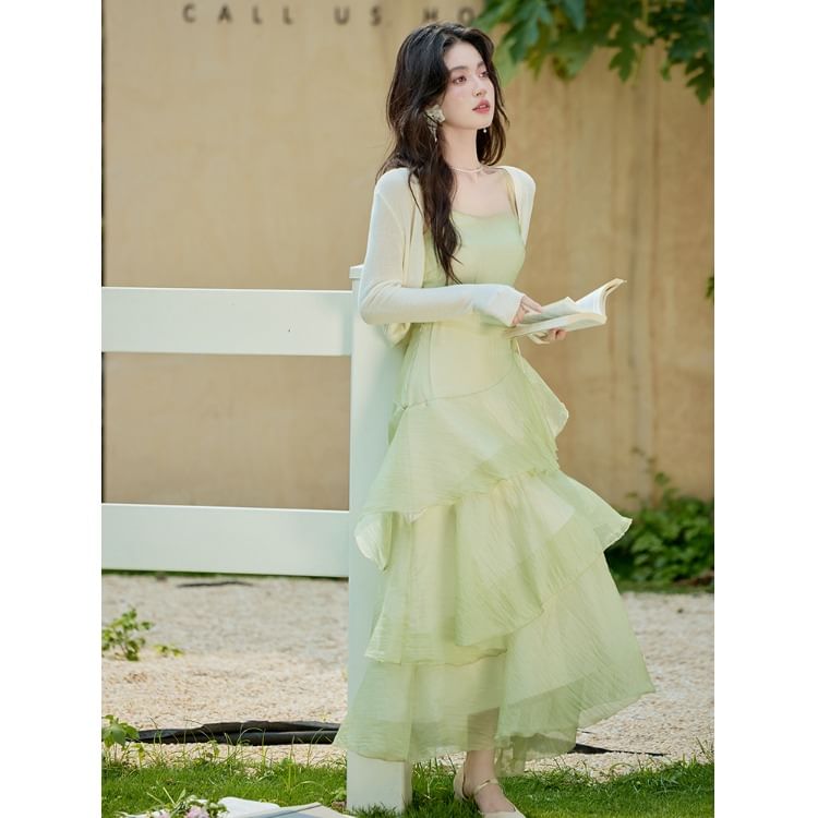 Spaghetti Strap Plain Asymmetrical Floral Accent Tiered Ruffle Maxi A-Line Dress / Crop Cardigan / Set