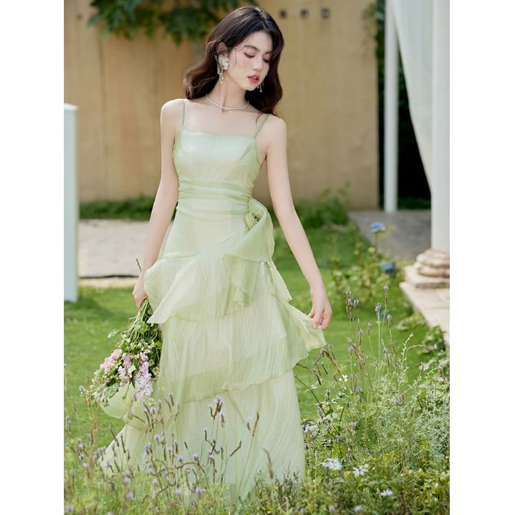 Spaghetti Strap Plain Asymmetrical Floral Accent Tiered Ruffle Maxi A-Line Dress / Crop Cardigan / Set