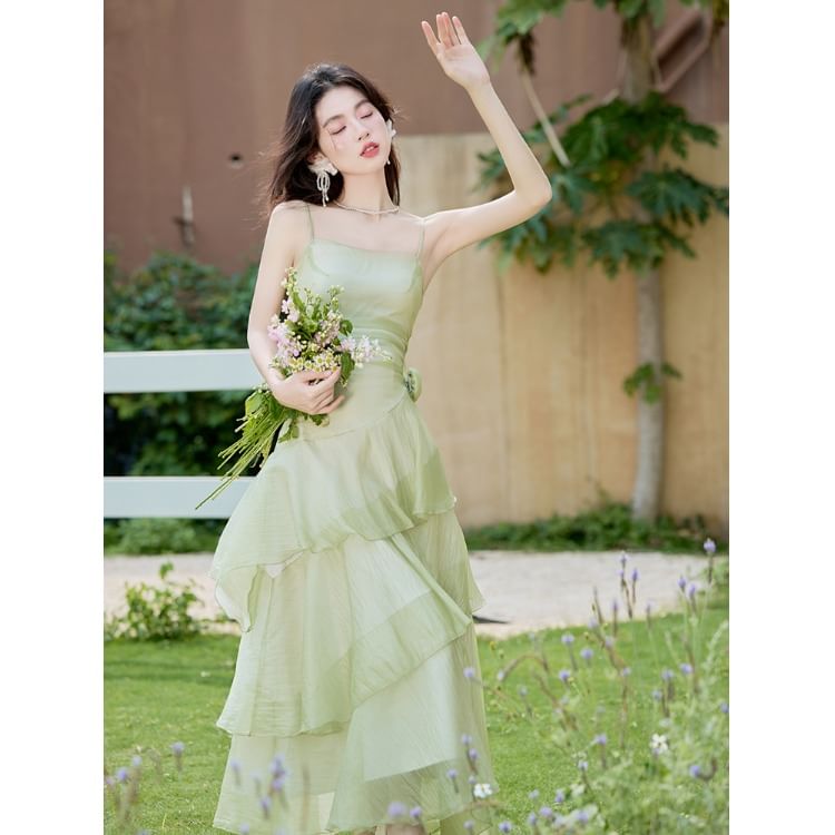 Spaghetti Strap Plain Asymmetrical Floral Accent Tiered Ruffle Maxi A-Line Dress / Crop Cardigan / Set