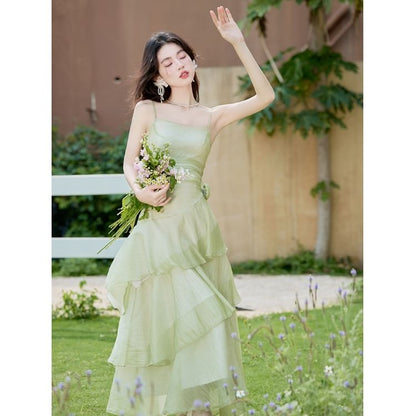 Spaghetti Strap Plain Asymmetrical Floral Accent Tiered Ruffle Maxi A-Line Dress / Crop Cardigan / Set