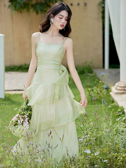 Spaghetti Strap Plain Asymmetrical Floral Accent Tiered Ruffle Maxi A-Line Dress / Crop Cardigan / Set