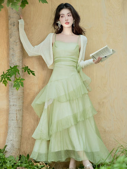 Spaghetti Strap Plain Asymmetrical Floral Accent Tiered Ruffle Maxi A-Line Dress / Crop Cardigan / Set