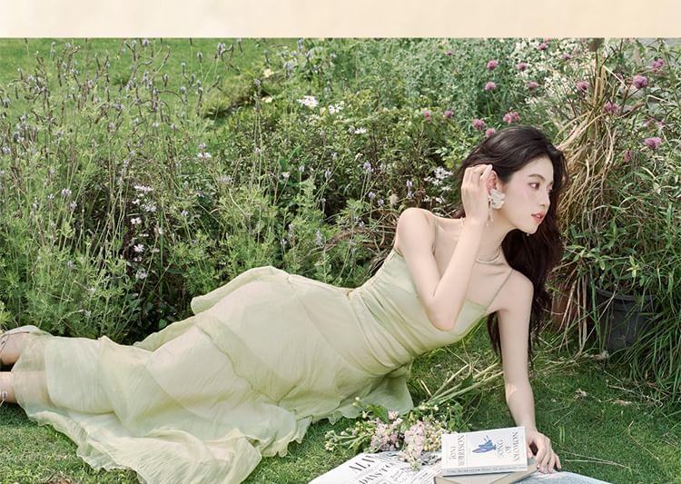 Spaghetti Strap Plain Asymmetrical Floral Accent Tiered Ruffle Maxi A-Line Dress / Crop Cardigan / Set