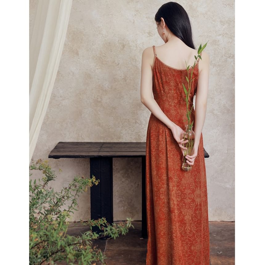 Spaghetti Strap Scoop Neck Patterned Slit Maxi A-Line Dress / Plain Crop Cardigan / Set