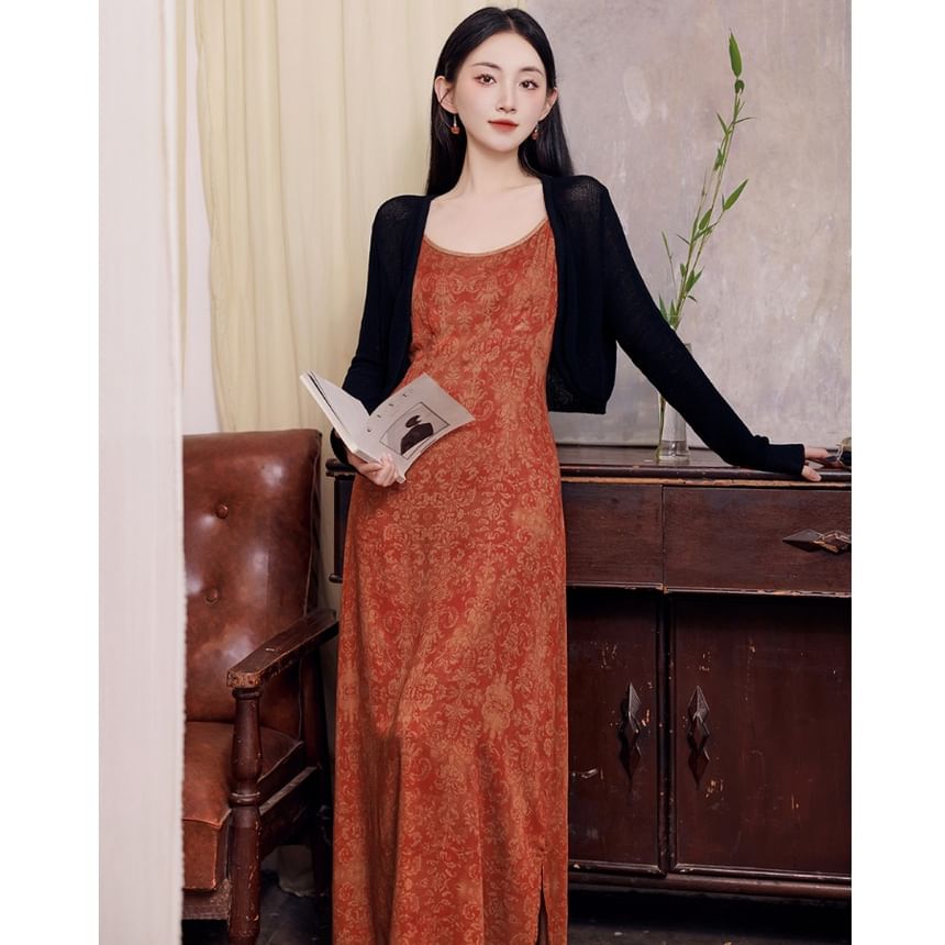 Spaghetti Strap Scoop Neck Patterned Slit Maxi A-Line Dress / Plain Crop Cardigan / Set
