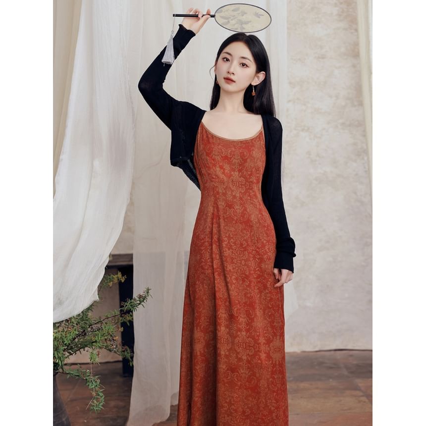 Spaghetti Strap Scoop Neck Patterned Slit Maxi A-Line Dress / Plain Crop Cardigan / Set