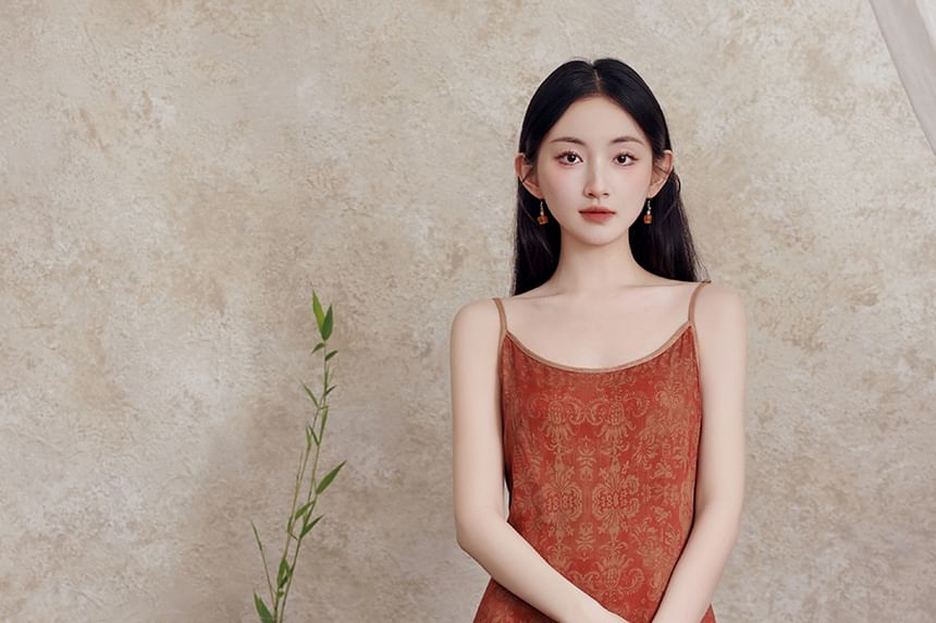 Spaghetti Strap Scoop Neck Patterned Slit Maxi A-Line Dress / Plain Crop Cardigan / Set