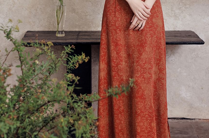 Spaghetti Strap Scoop Neck Patterned Slit Maxi A-Line Dress / Plain Crop Cardigan / Set