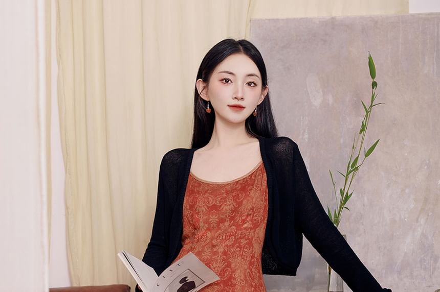 Spaghetti Strap Scoop Neck Patterned Slit Maxi A-Line Dress / Plain Crop Cardigan / Set