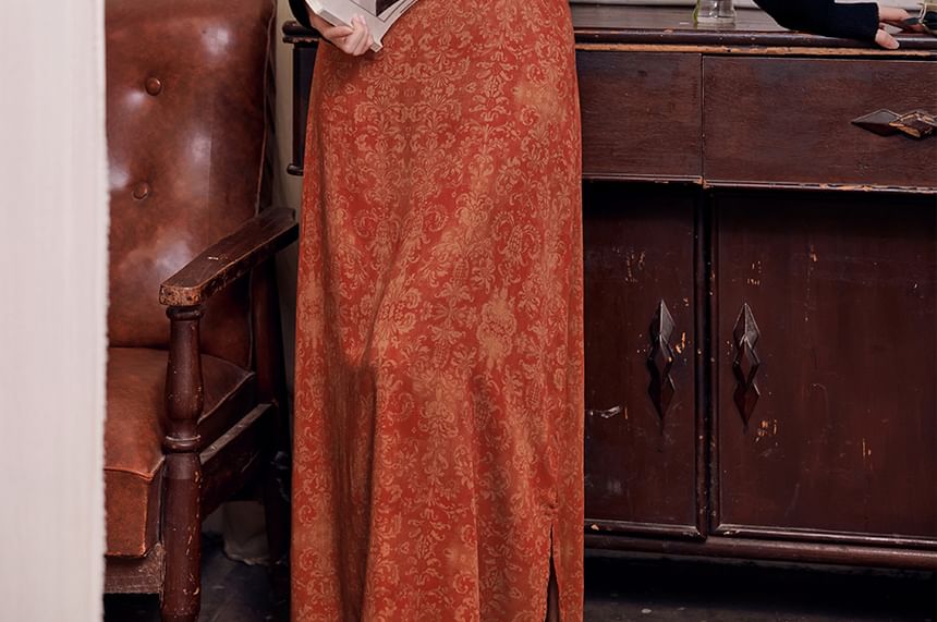 Spaghetti Strap Scoop Neck Patterned Slit Maxi A-Line Dress / Plain Crop Cardigan / Set