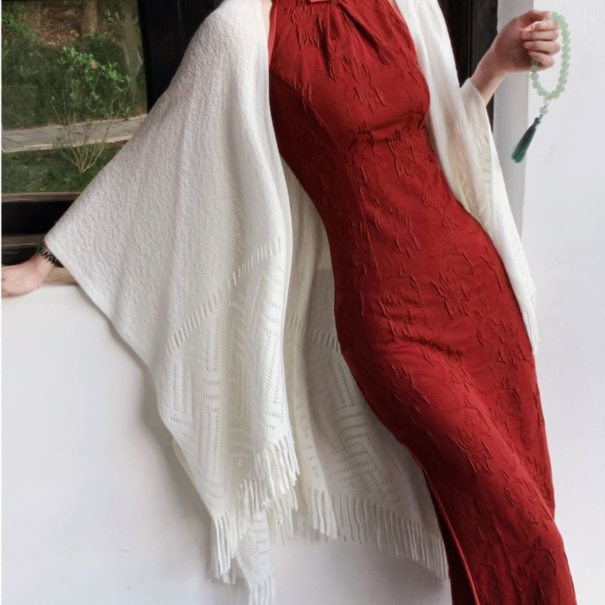 Halter Neck Stand Collar Floral Jacquard Slit Midi Sheath Qipao / Plain Perforated Fringed Shawl / Set