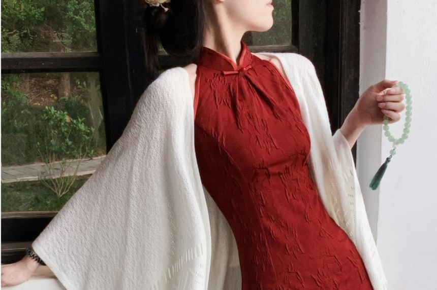 Halter Neck Stand Collar Floral Jacquard Slit Midi Sheath Qipao / Plain Perforated Fringed Shawl / Set