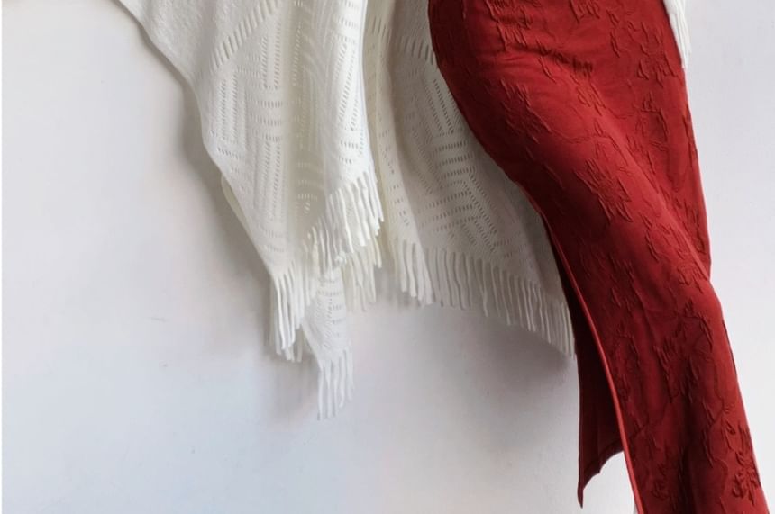 Halter Neck Stand Collar Floral Jacquard Slit Midi Sheath Qipao / Plain Perforated Fringed Shawl / Set