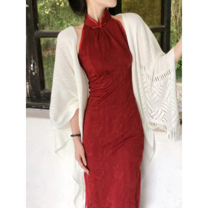 Halter Neck Stand Collar Floral Jacquard Slit Midi Sheath Qipao / Plain Perforated Fringed Shawl / Set