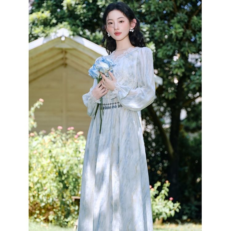 Long-Sleeve V-Neck Tie Dye Lace Trim Ruched Midi A-Line Dress / Waist Chain / Set