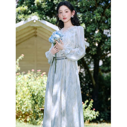 Long-Sleeve V-Neck Tie Dye Lace Trim Ruched Midi A-Line Dress / Waist Chain / Set